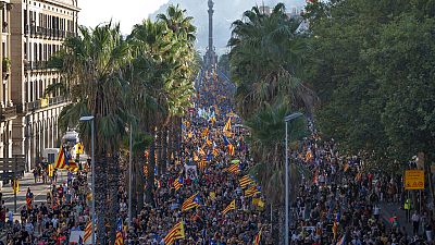 Protesters hold esteladas or independence flags as they take part in a demonstration during the Catalan National Day