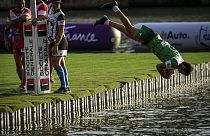 A player who scores by jumping into the water