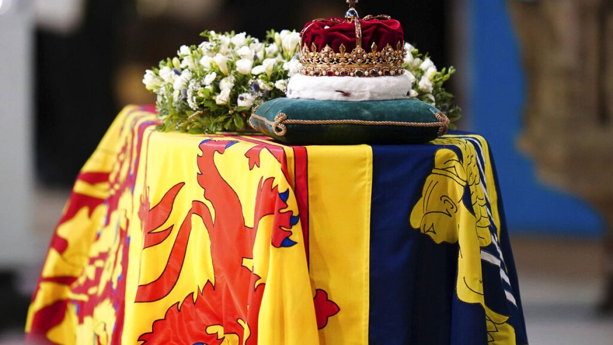 The Crown of Scotland sits atop the coffin of Queen Elizabeth II.