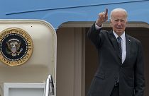 President Joe Biden gestures as he boards Air Force One, 12 September 2022