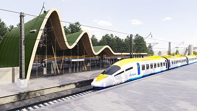 A Rail Baltica vasútvonal egyik állomásának látványterve