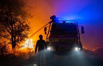 Пожарные борются с огнем в районе муниципалитета Сомос во французском департаменте Жиронда. 12 сентября 2022.