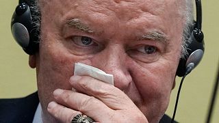 FILE - Former Bosnian Serb military chief Ratko Mladic sits in the court room in The Hague, Netherlands, Tuesday, June 8, 2021