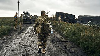 Ukrainische Soldaten am Straßenrand nahe Cherson, wo die ukrainischen Truppen überraschend Gebiete zurückeroberten und die russischen Soldaten zurückdrängten.