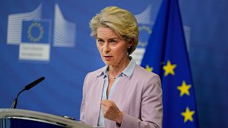 European Commission President Ursula von der Leyen speaks during a media conference at EU headquarters in Brussels, Sept. 7, 2022.