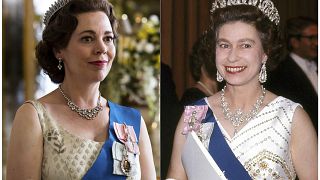 Olivia Colman portraying the Queen in the third season of 'The Crown'(L) and Queen Elizabeth II at the Sydney Opera House in Sydney, Australia