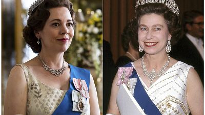 Olivia Colman portraying the Queen in the third season of 'The Crown'(L) and Queen Elizabeth II at the Sydney Opera House in Sydney, Australia
