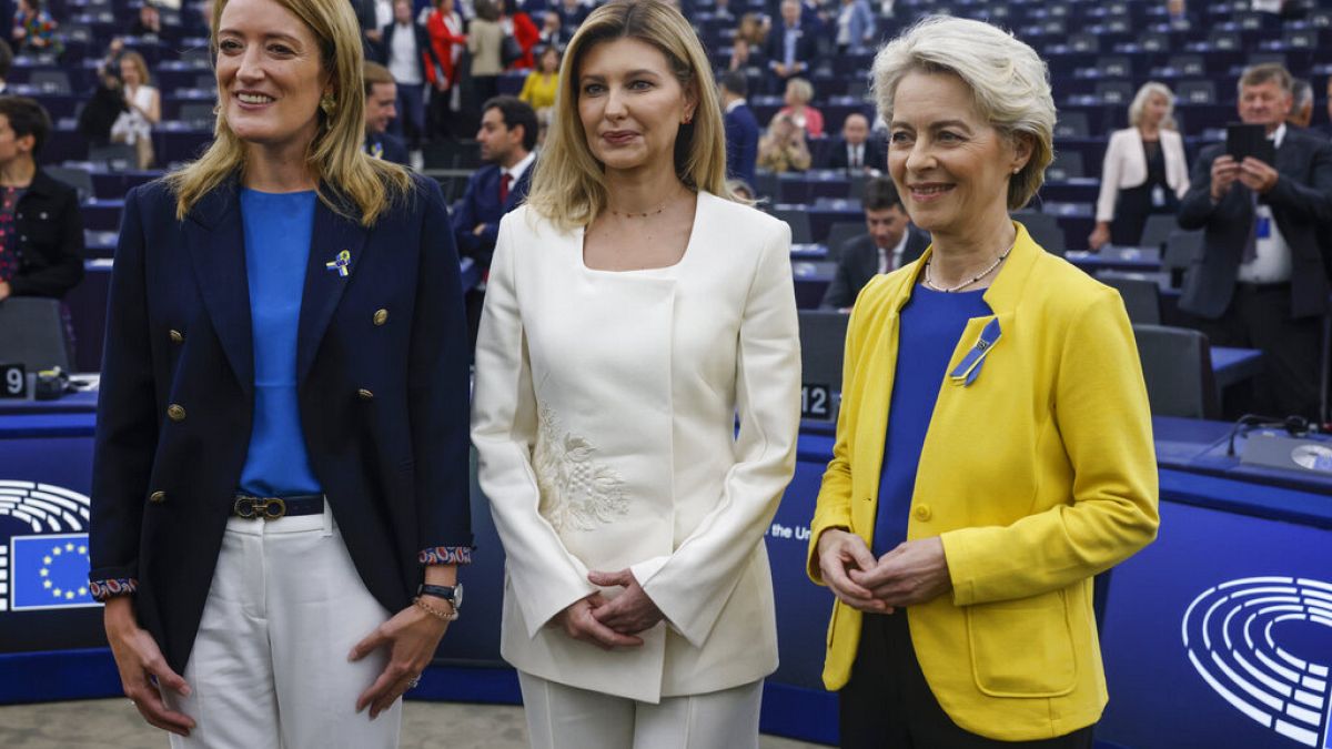 Roberta Metsola, Olena Zelenska e Ursula von der Leyen al Parlamento di Strasburgo. (14.9.2022)