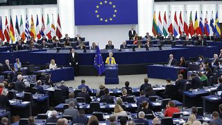 European Commission President Ursula von der Leyen gestures as she speaks on Ukraine at the European Parliament in Strasbourg, eastern France, Wednesday, Sept. 14, 2022.