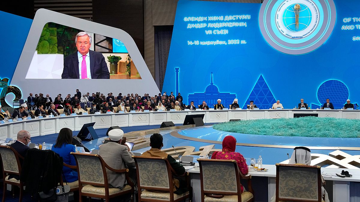 كلمة بالفيديو للأمين العام للأمم المتحدة أنطونيو غوتيريش خلال المؤتمر السابع لزعماء الأديان العالمية والتقليدية في نور سلطان - كازاخستان. 2022/09/14
