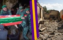 A g. : cercueil d'un soldat azerbaïdjanais le 13/09/2022 - A dr. : ruines d'une maison arménienne touchée par un bombardement le 14/09/2022