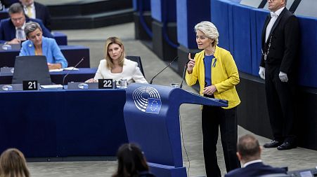 European Commission President Ursula von der Leyen gestures as as she speaks at the European Parliament in Strasbourg.