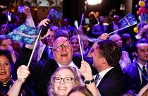 Sweden Democrats supporters celebrate a strong showing on election night, Sunday 11 September 2022, at a hotel near Stockholm