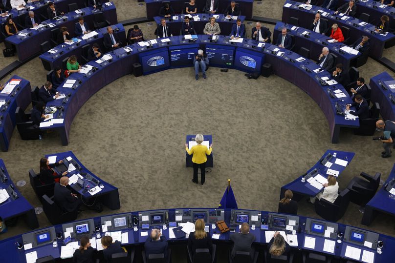 European Union Commission Chief Ursula von der Leyen delivers her State of the European Union address at the European Parliament in Strasbourg, September 2022