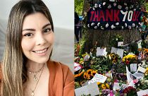 Left: Maricela Nuñez, who has flown to the UK to mark the Queen's death. Right, flowers at Green park.
