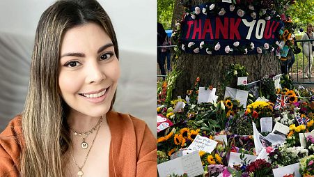 Left: Maricela Nuñez, who has flown to the UK to mark the Queen's death. Right, flowers at Green park.