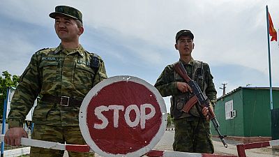 Kyrgyz border guards patrol at a frontier post in the village of Maksat, near the Kyrgyz-Tajik border, some 1,200 kilometres from Bishkek, on May 4, 2021.
