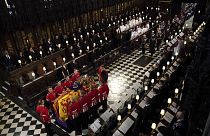 The coffin of Queen Elizabeth II is carried in by the Bearer Party during the Committal Service held in St George's Chapel, Windsor Castle. Monday, 19 September 2022.