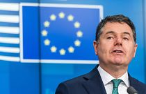 Eurogroup President Paschal Donohoe speaks during a media briefing at the European Council building in Brussels on Monday, Dec. 6, 2021.