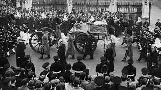 The funeral procession of Britain's King George VI begins its journey from Westminster Hall to Paddington Station, in London, on 15 February 1952.