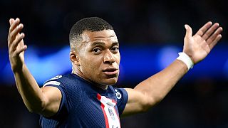 Paris Saint-Germain's French forward Kylian Mbappe gestures during the UEFA Champions League Group Hin Paris, on September 6, 2022.