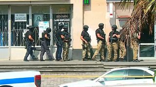 Armed police outside branch of Bank of Georgia in Kutaisi