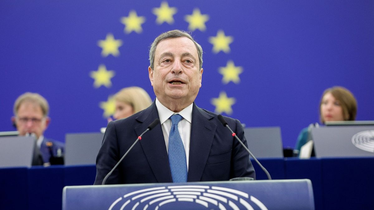 Italian Prime Minister Mario Draghi delivers his speech, May 3, 2022 at the European Parliament in Strasbourg, eastern France. 