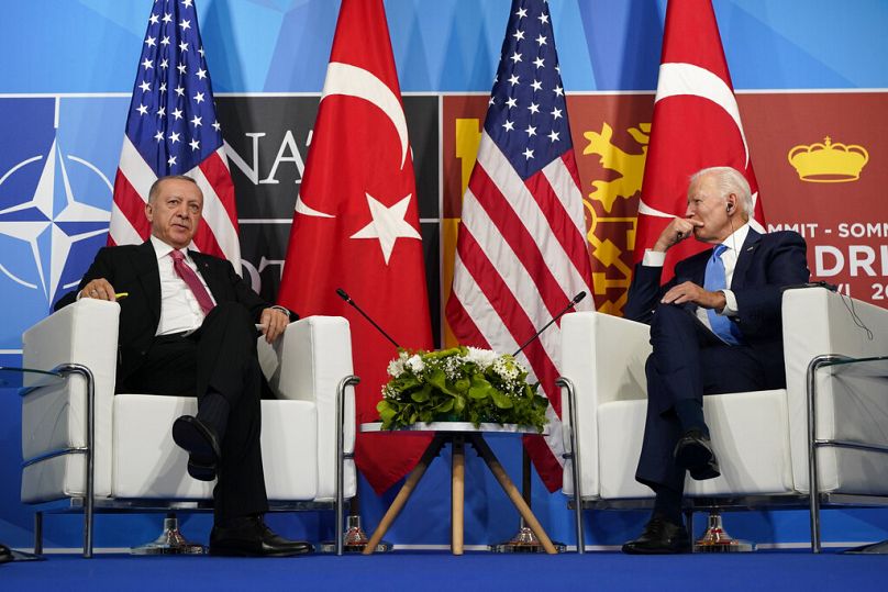 President Joe Biden, right, meets with Turkey's President Recep Tayyip Erdogan, left, during the NATO summit in Madrid in 2022