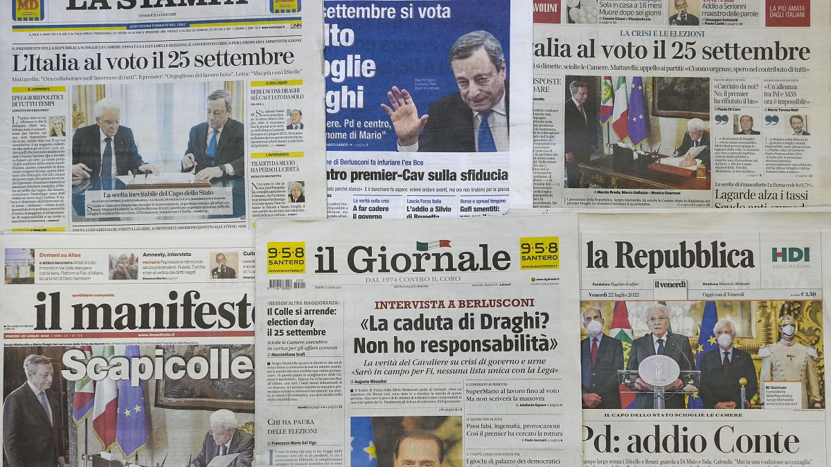 Front pages of Friday, July 22, 2022 newspapers are seen in Rome.