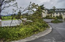 Umgestürzte Bäume vor einem Ferienressort auf den Turks- und Caicosinseln in der Karibik, 20.09.2022