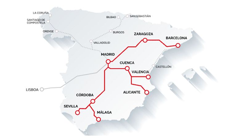 A map of Iryo's high-speed routes in Spain