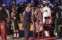 Barbados' new President Sandra Mason, center right, awards Prince Charles with the Order of Freedom of Barbados during the presidential inauguration ceremony.