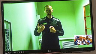 Alexei Navalny fala por teleconferência, a partir da prisão.