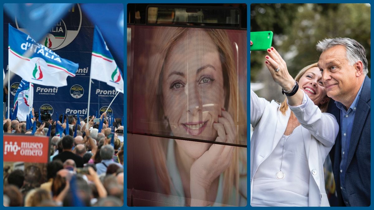 Az FdI kampánya Anconában, Giorgia Meloni választási fotója egy római buszon, Meloni és Orbán szelfiznek