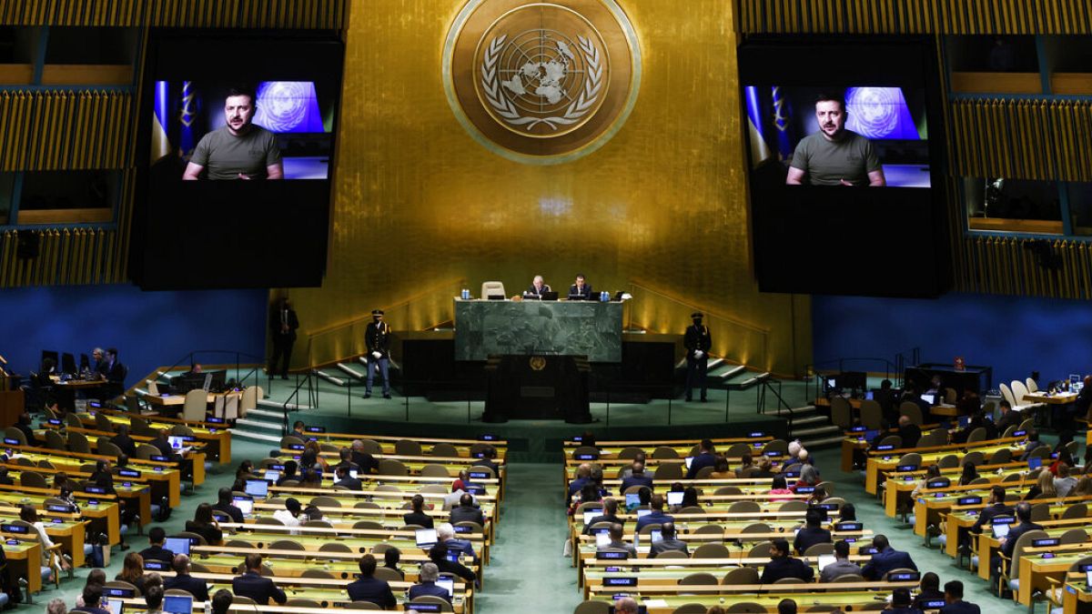 Mensaje del presidente de Ucrania, Volodímir Zelenski, ante la Asamblea General de la ONU, en Nueva York (EE. UU.).