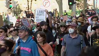 People at an anti-monarchy rally in Melbourne, Australia.