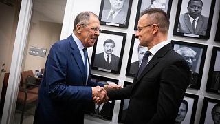 Russian Foreign Minister Sergei Lavrov (L) and Hungary's Minister of Foreign Affairs Peter Szijjarto in New York, Sept. 22, 2022.