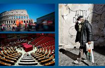En ht à g. : vue du Colisée à Rome (05/06/2020) / en bas à d. : intérieur du parlement italien à Rome (29/01/2022) / A dr. : retraité à Rome (16/03/2020)