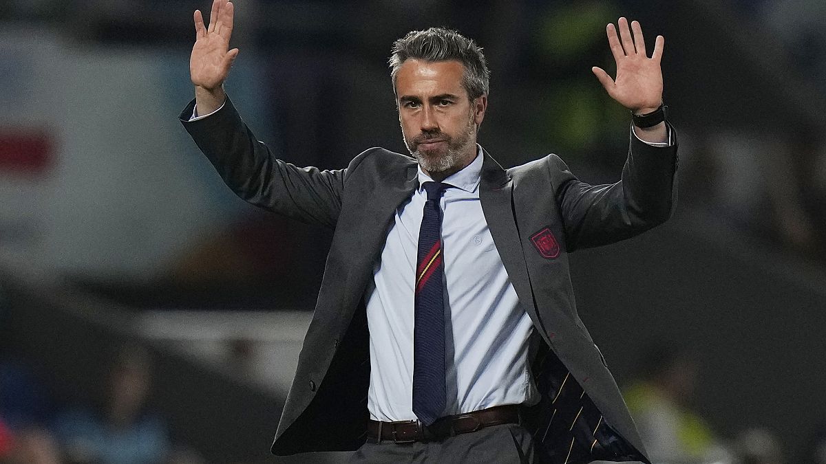 Spain's manager Jorge Vilda gestures during a Women's Euro 2022 match.