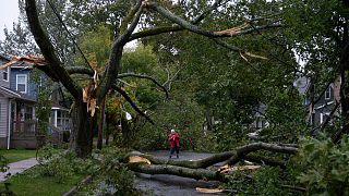 Georgina Scott constate les dégâts dans sa rue à Halifax alors que la tempête post-tropicale Fiona continue de s'abattre sur la région, samedi 24 septembre 2022.
