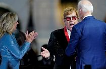 Elton John reacts after President Joe Biden presented him with the National Humanities Medal after a concert on the South Lawn of the White House, 23 Septmber 2022
