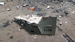 This undated photograph released by the Ukrainian military's Strategic Communications Directorate shows the wreckage of what Kyiv has described as an Iranian Shahed drone.