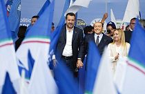 Matteo Salvini, Silvio Berlusconi, and Giorgia Meloni attend the final rally of the center-right coalition in central Rome