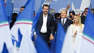 Matteo Salvini, Silvio Berlusconi, and Giorgia Meloni attend the final rally of the center-right coalition in central Rome