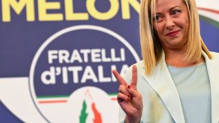 Giorgia Meloni, la dirigeante du parti post-fasciste Fratelli d'Italia, réagissant après les résultats des élections plaçant sa formation en première position, le 26/09/2022