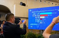 Journalists look at first result projections in a hotel where far-right party Brothers of Italy is waiting for the vote outcome in Rome, Sunday, Sept. 25, 2022.