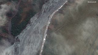 This satellite image provided by Maxar Technologies on Sept. 26, 2022, shows an overview of the traffic jam near the Russia border with Georgia on Sept. 25, 2022
