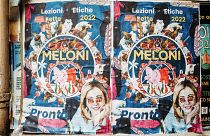 A reworked election poster featuring Fratelli d'Italia's Giorgia Meloni and cats seen in Pigneto, 26 September 2022