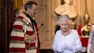 Pictured in 2014, Queen Elizabeth II walks past Edward Fitzalan-Howard, who was banned from driving in September after arranging the monarch's funeral