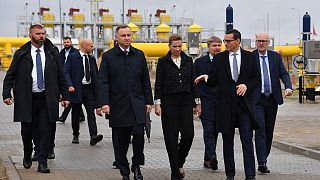 Polish President Andrzej Duda, 4th left, Danish PM Mette Frederiksen, 4th right, and Polish PM Mateusz Morawiecki, 2nd right, at the Baltic Pipe inauguration, Budno, 27/9/2022